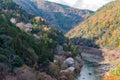 Top view of Hozugawa river with japanese traditional wooden house , boat and autumn foliage colors from Arashiyama view point, Kam