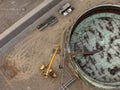Top view of huge oil storage tanks inside a refinery undergoing maintenance Royalty Free Stock Photo