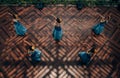 Top view of hula dancers in Honolulu in a beautiful setting and charming blue clothes Royalty Free Stock Photo