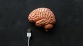 Top view of human brain model with USB cable, on black background. Turn on your brain. Creative ideas. Generative AI Royalty Free Stock Photo