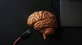 Top view of human brain model with USB cable, on black background. Turn on your brain. Creative ideas. Generative AI Royalty Free Stock Photo