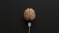 Top view of human brain model with USB cable, on black background. Turn on your brain. Creative ideas. Generative AI Royalty Free Stock Photo