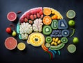 Top view of human brain shaped fruit slices. Nutritions for brain health Royalty Free Stock Photo