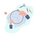 Top view of human hands doing embroidery, flat vector illustration isolated.