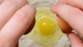 TOP VIEW: Human hands throw an egg on a flour