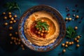 Top view of hummus in blue ceramic bowl surrounded with chickpeas. Generate ai Royalty Free Stock Photo