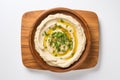 Top View, Hummus On A Wooden Boardon White Background