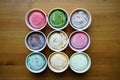 Top view Ice cream flavors in cup on wood table Royalty Free Stock Photo