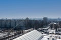 A top view of the ice rink under the dome and the intersection of the city\'s autohistory.