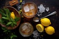 top view of ice tea preparation: lemons, measuring sugar Royalty Free Stock Photo