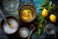 top view of ice tea preparation: lemons, measuring sugar Royalty Free Stock Photo