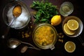 top view of ice tea preparation: lemons, measuring sugar Royalty Free Stock Photo