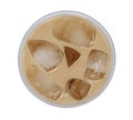 Top view iced coffee latte cappuccino in glass isolated on white background, clipping path