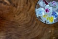 Top view Iced cube in glass for cold drink on wooden table