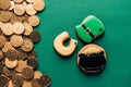 top view of icing cookies and golden coins on green, st patricks day concept Royalty Free Stock Photo