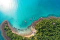 Top view of idyllic blue sea white sand beach with coconut palm tree island