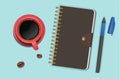 Top view illustration with close notebook next to cup of coffee, ready for adding text or mockup. vector eps 10 format