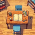 Top view  illustration of an organized wooden table with a variety of books and school supplies Royalty Free Stock Photo