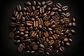 Top view illustration of a pile of roasted coffee beans scattered as a round shaped pile on black background Royalty Free Stock Photo