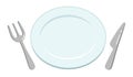 Top view illustration of a simple empty white plate, knife and fork.