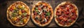 Three Pizzas on a Rustic Wooden Setting