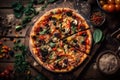 A Vegetarian Pizza on a Rustic Wooden Setting Royalty Free Stock Photo