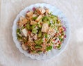 Top view image Asian food, fish tofu salad. Royalty Free Stock Photo