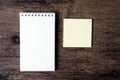 Top view image of blank notebook and empty sticky note paper on