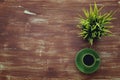 Top view image of coffe cup on wooden background. Flat lay Royalty Free Stock Photo