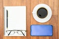 Top view image of coffee cup and cellphone on wooden table Royalty Free Stock Photo