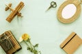 top view image of collection of objects over blue wooden table