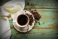 Top view image of coofee cup on rustic wooden table. vintage filtered