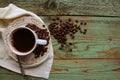 Top view image of coofee cup on rustic wooden table. vintage filtered