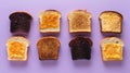 Top view of toasted bread slices with various degrees of toasting Royalty Free Stock Photo