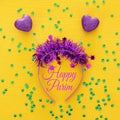 Top view image of funny party head glitter accessory with hearts. Flat lay. Purim celebration concept