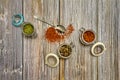 Top view image of jars filled with spices with dill, bell pepper seeds and paprika Royalty Free Stock Photo