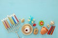 Top view image of jewish holiday Hanukkah background with traditional spinnig top, menorah & x28;traditional candelabra& x29; Royalty Free Stock Photo