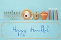 Top view image of jewish holiday Hanukkah background with traditional spinnig top, menorah (traditional candelabra) Royalty Free Stock Photo