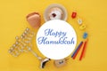 Top view image of jewish holiday Hanukkah background with traditional spinnig top, menorah & x28;traditional candelabra& x29; Royalty Free Stock Photo