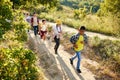 Top view image of kids, boys and girls walking on path in forest, field, going hiking together on warm summer day Royalty Free Stock Photo