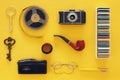 top view image of old camera, film and tape recorder Royalty Free Stock Photo
