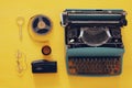 top view image of old typewriter, film and tape recorder Royalty Free Stock Photo