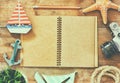 Top view image of open blank notebook, wooden sailboat, nautical ripe and camera. travel and adventure concept Royalty Free Stock Photo