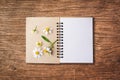 top view image of open notebook with blank pages next to chamomile flower on old wooden table. ready for adding text or mockup Royalty Free Stock Photo