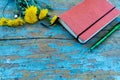 Top view image of open notebook on the old blue painted wooden table with yellow flowers. Blank notebook with flower and green pen Royalty Free Stock Photo