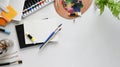 Top view image of painter working desk. Royalty Free Stock Photo