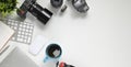 Top view image of photographer working desk with accessories putting on it. Royalty Free Stock Photo