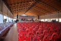 Top view image, red plastic chairs arranged in the meeting room Royalty Free Stock Photo