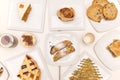 Top view image of a set of desserts, sweets and assorted cakes such