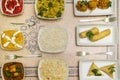 Top view image of set of Indian food dishes, with pilau rice, vegetable samosas Royalty Free Stock Photo